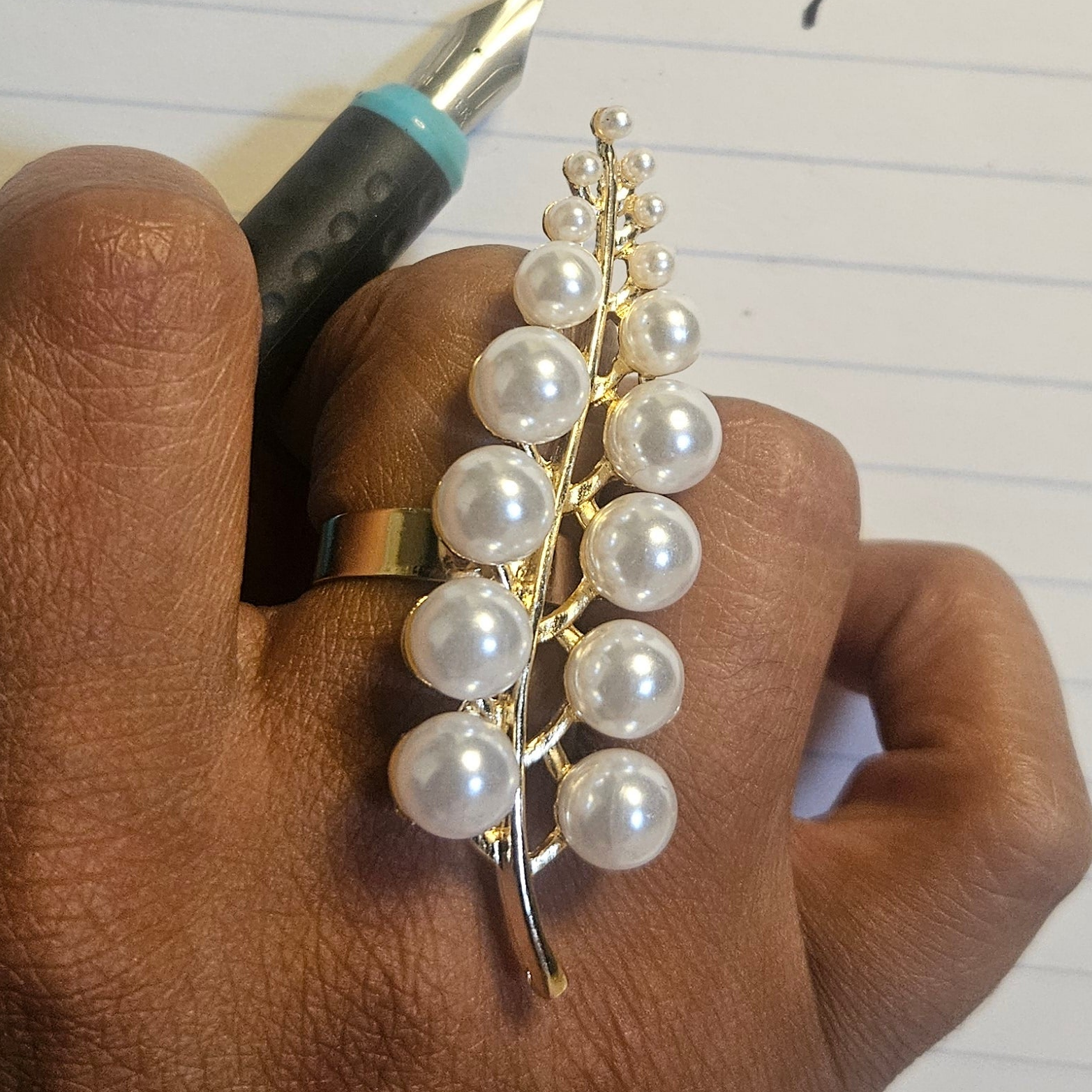 Golden Pearl Leaf Ring